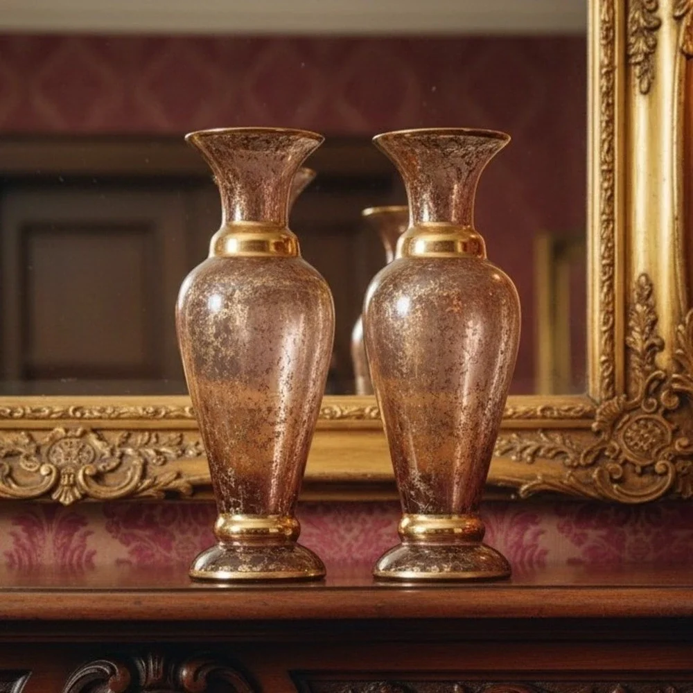 Vecchia Murano Cranberry Gold Vases, Set of 2, Vintage Signed Italian Art Glass‎